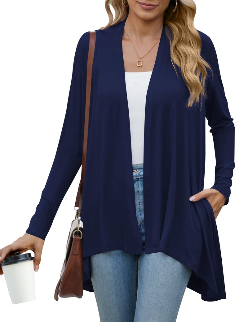 POGTMM Womens Casual Long Sleeve Open Front Cardigan Sweater Soft Casual Wrap Cardigan (Navy Blue, US L(12-14)) - Image 1